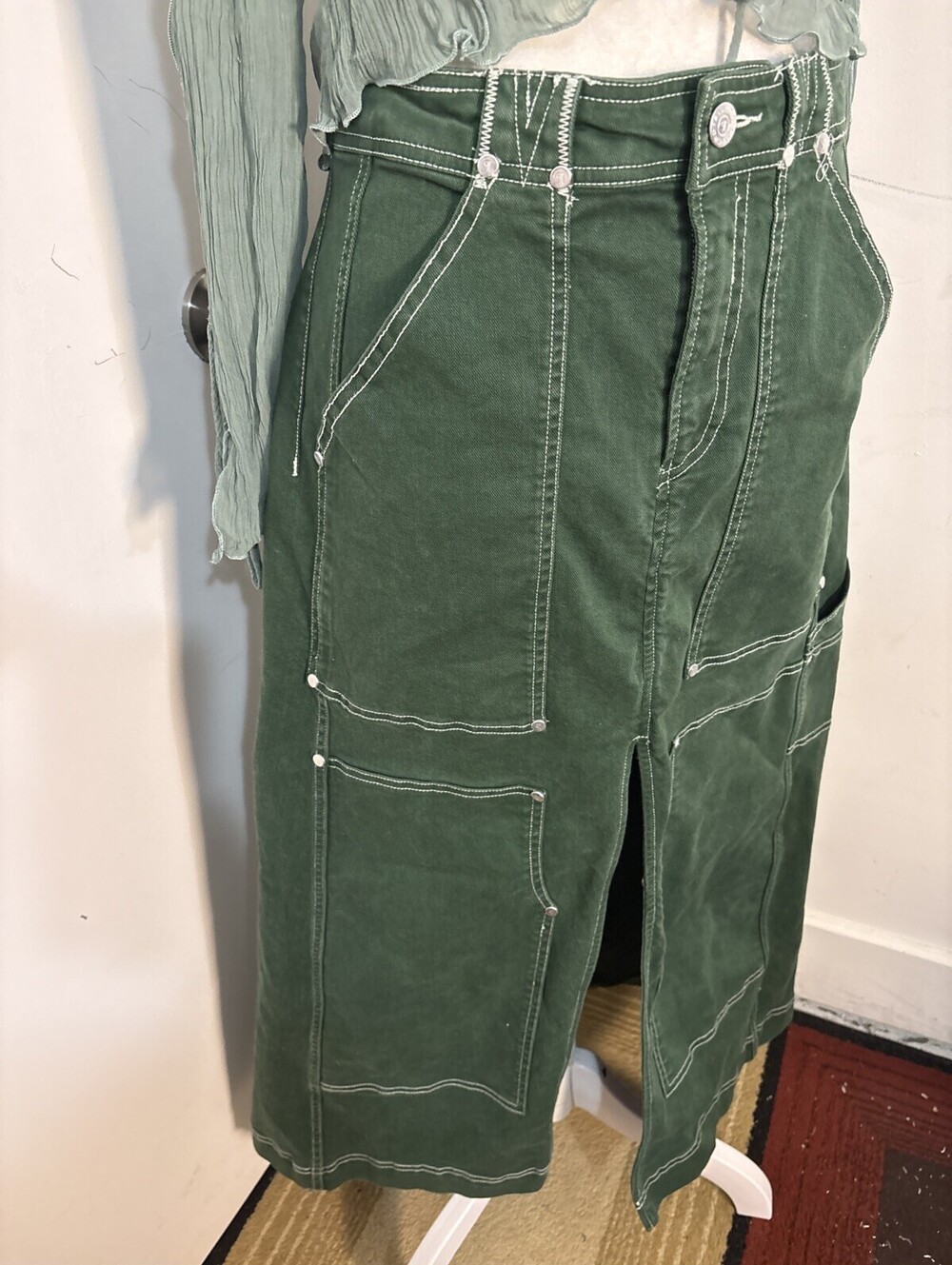 Anthropologie Pilcro Cargo Maxi Skirt Denim Pockets Front Slit Green Sz 6 NWOT - Picture 4 of 14